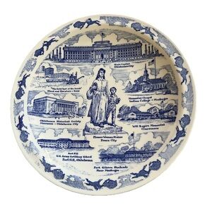 Oklahoma Vintage Blue & White 10” Plate Made In USA Bison Native Americans